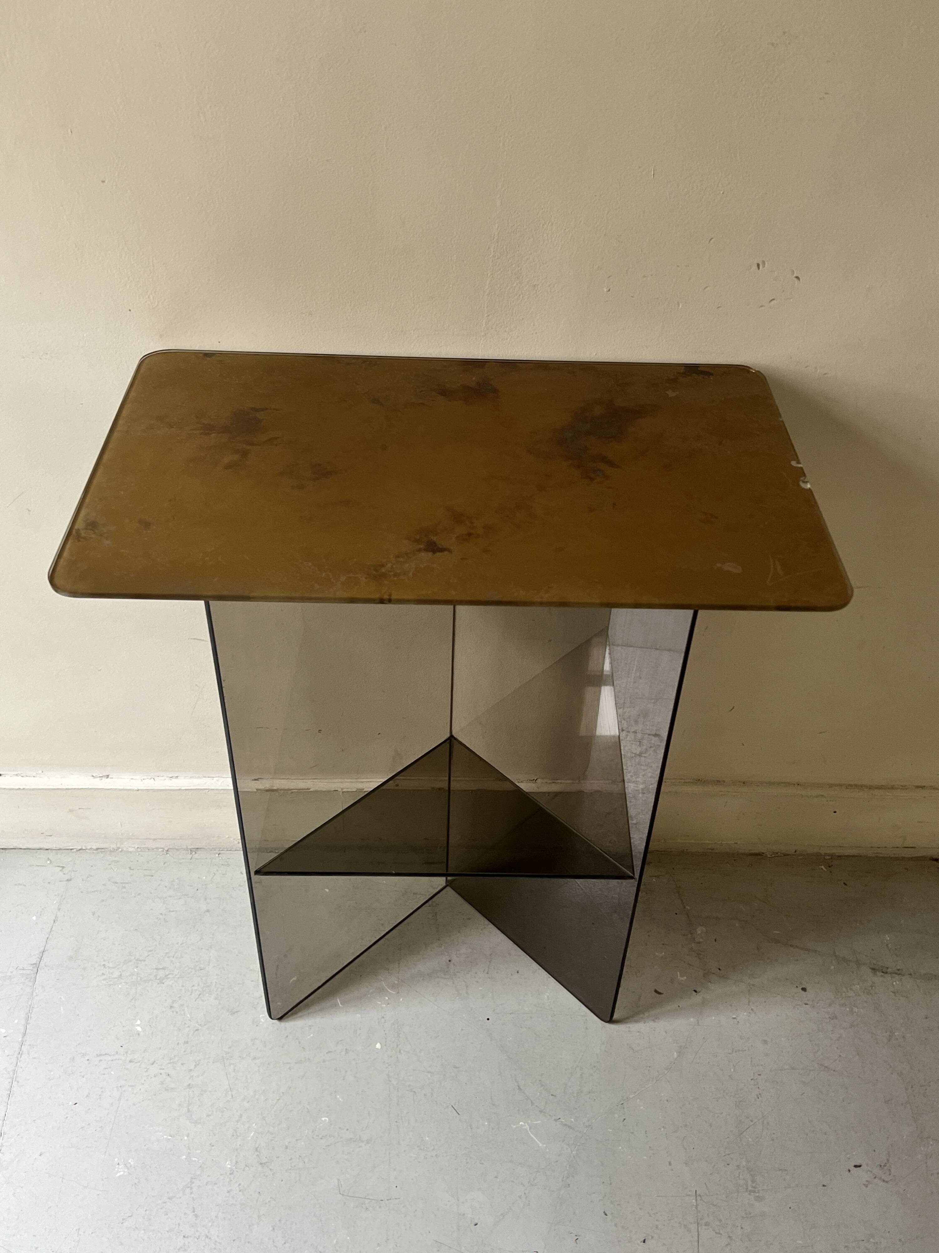 Vintage console in smoked glass and textured organic brown, 70s design.