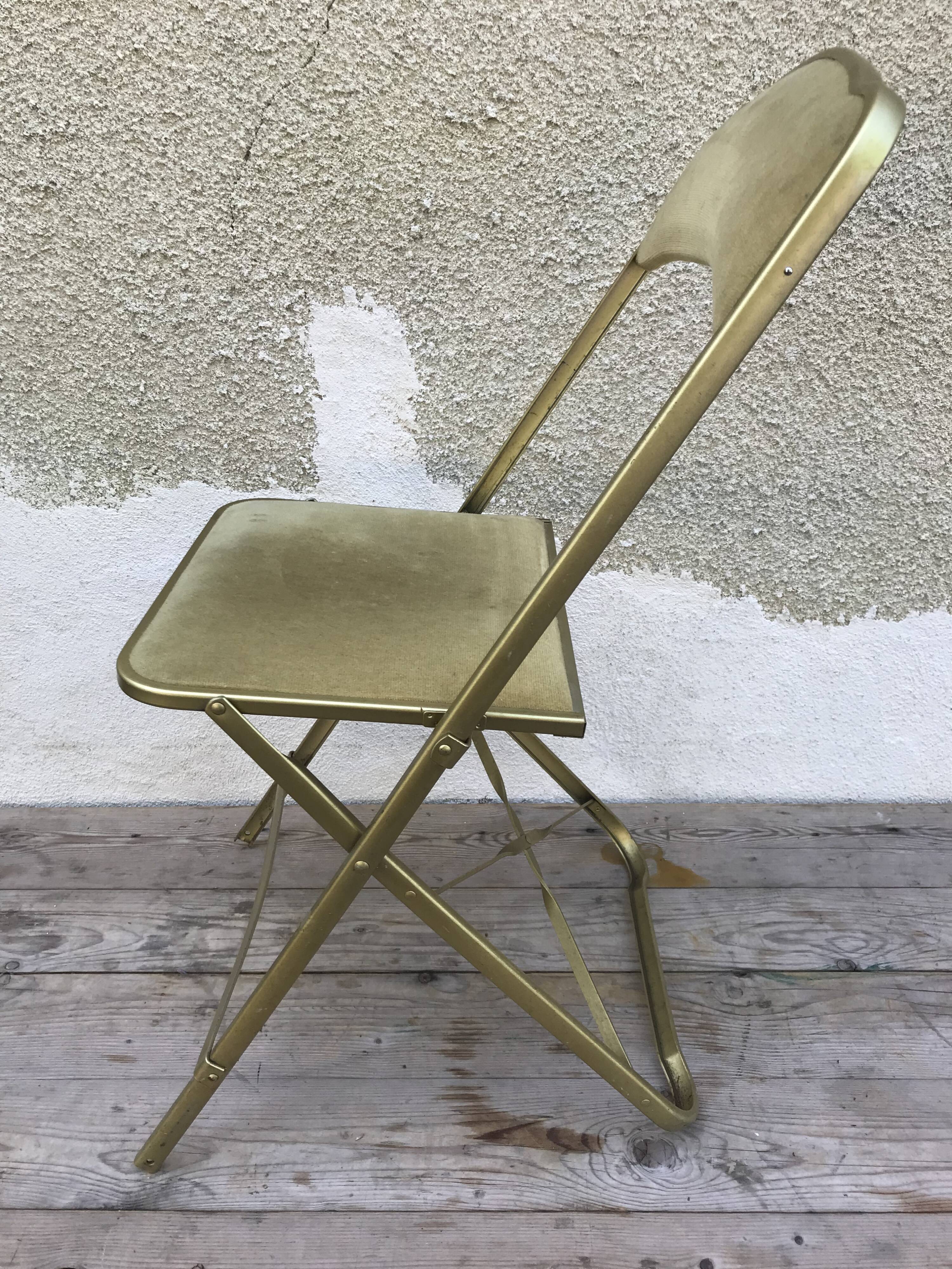 Folding metal and  velvet green chair 70s