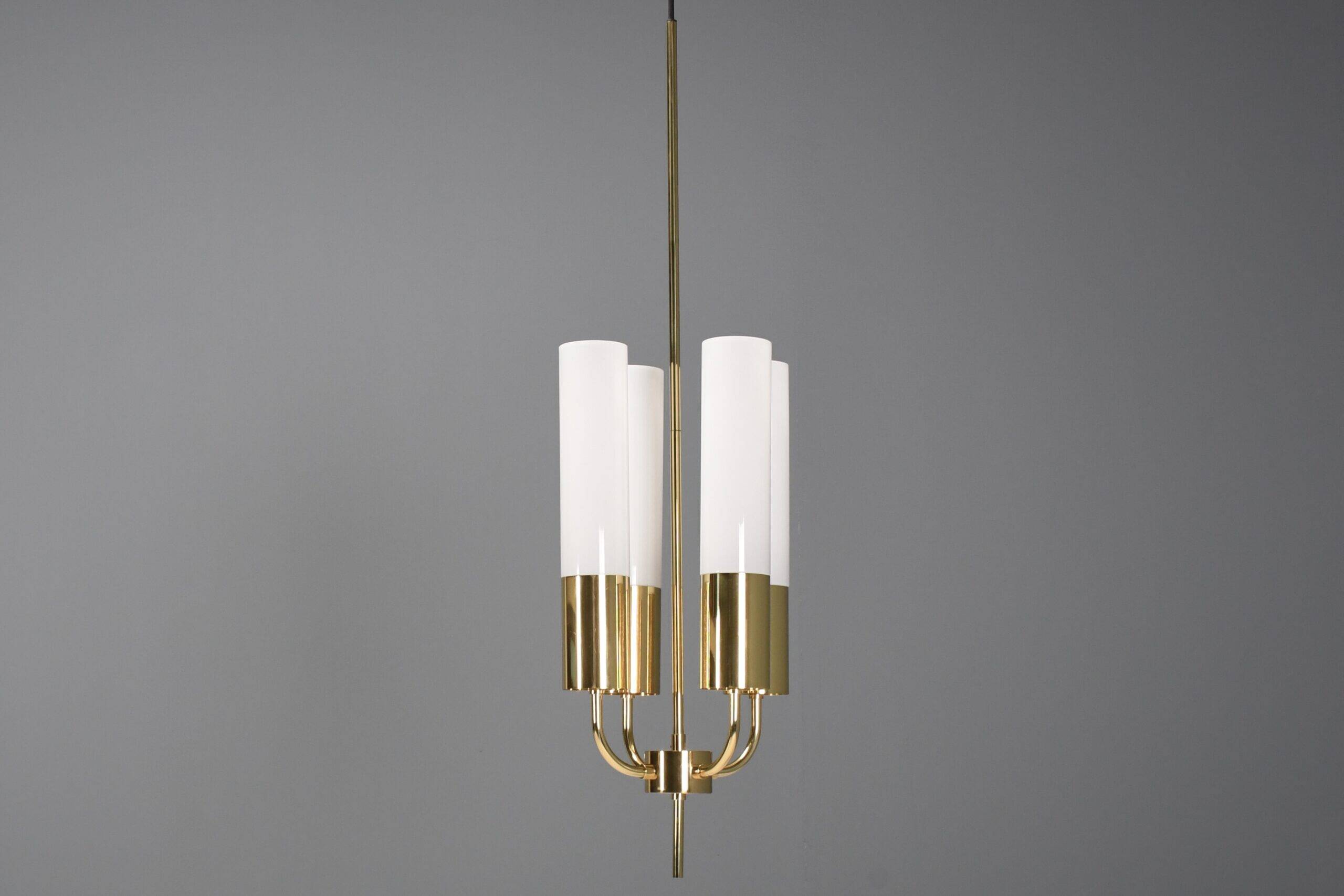 Large Glashütte Limburg brass & opaline chandelier, Germany, 1970s