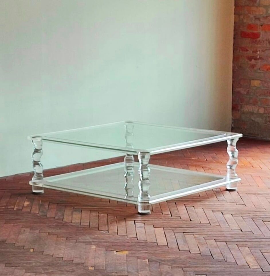 Two Tiered Coffee Table Manufactured for Maison Romeo in Lucite & Glass, France 1970s