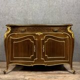 curved chest of drawers with Venetian doors, Louis XV style, in mahogany and gilded wood