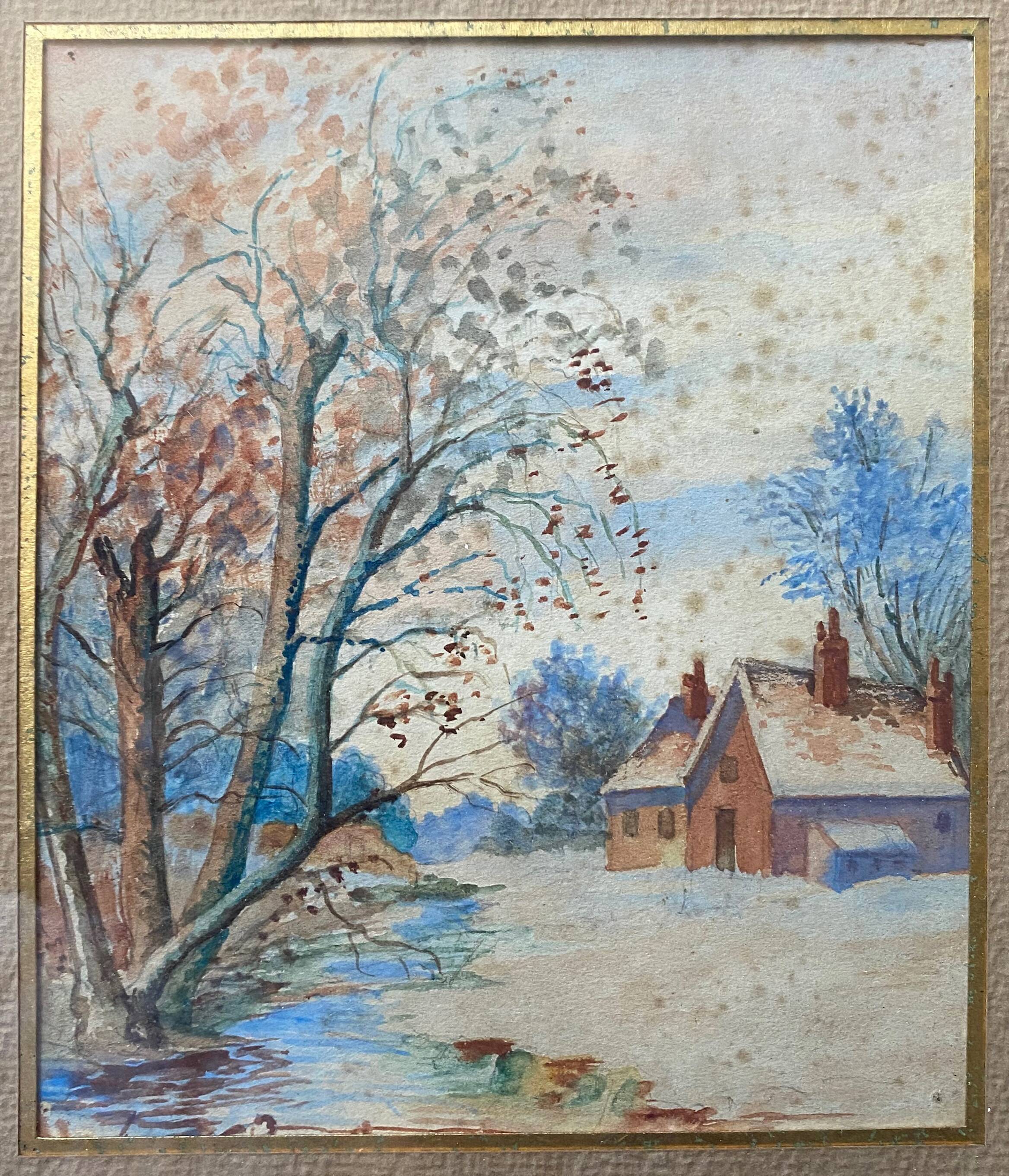 Old watercolor painting "House, winter landscape" + frame