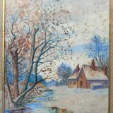 Old watercolor painting "House, winter landscape" + frame
