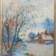 Old watercolor painting "House, winter landscape" + frame