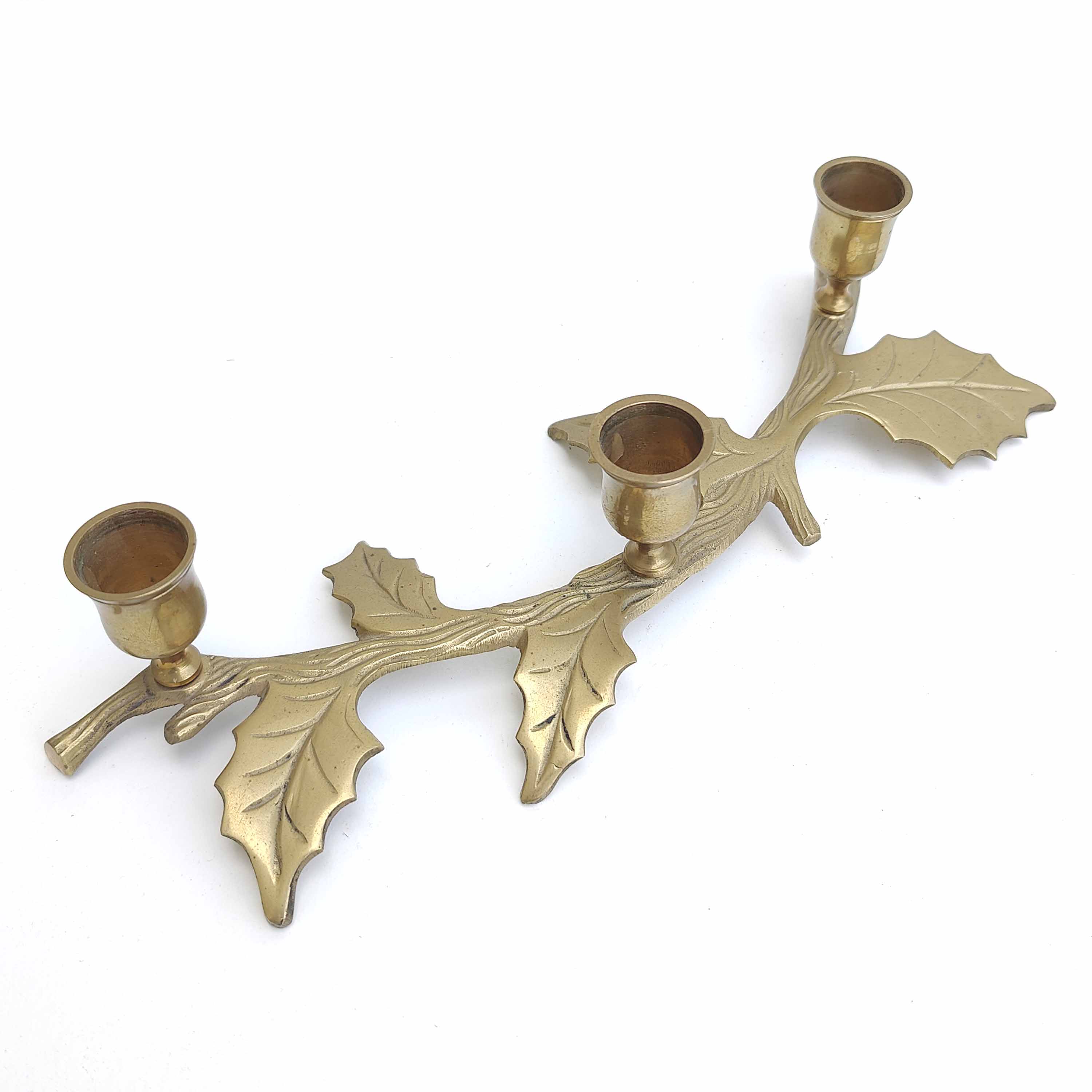 Brass "holly leaves" candle holder for 3 candles