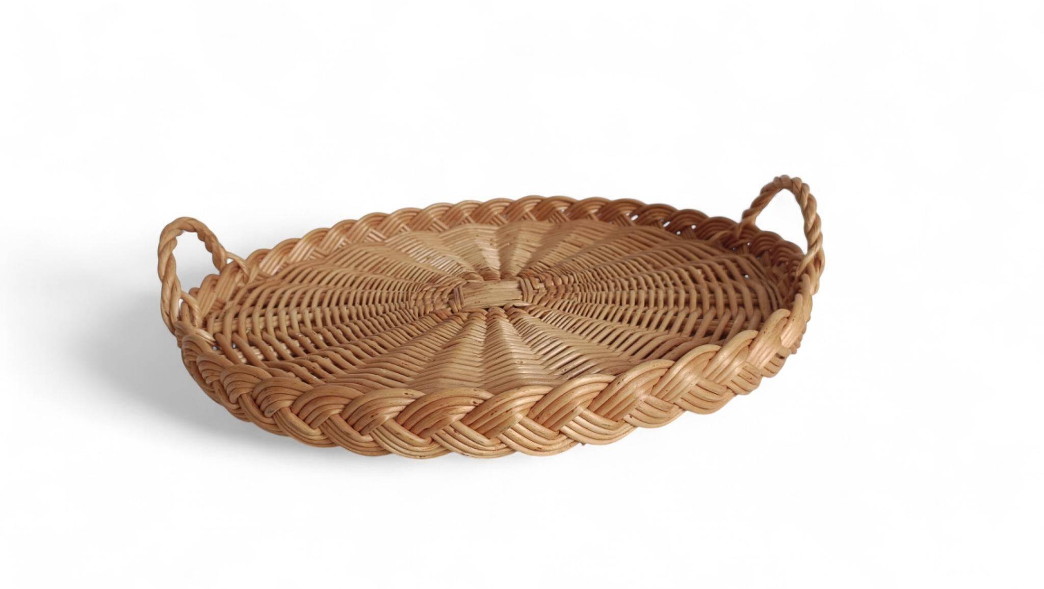 Rustic French Provence Large Round Handled Wicker Tray, France