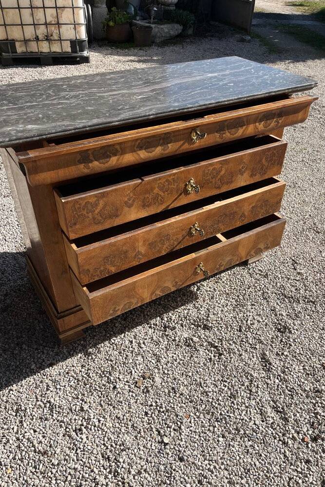 Antique chest of drawers with a grey marble top.