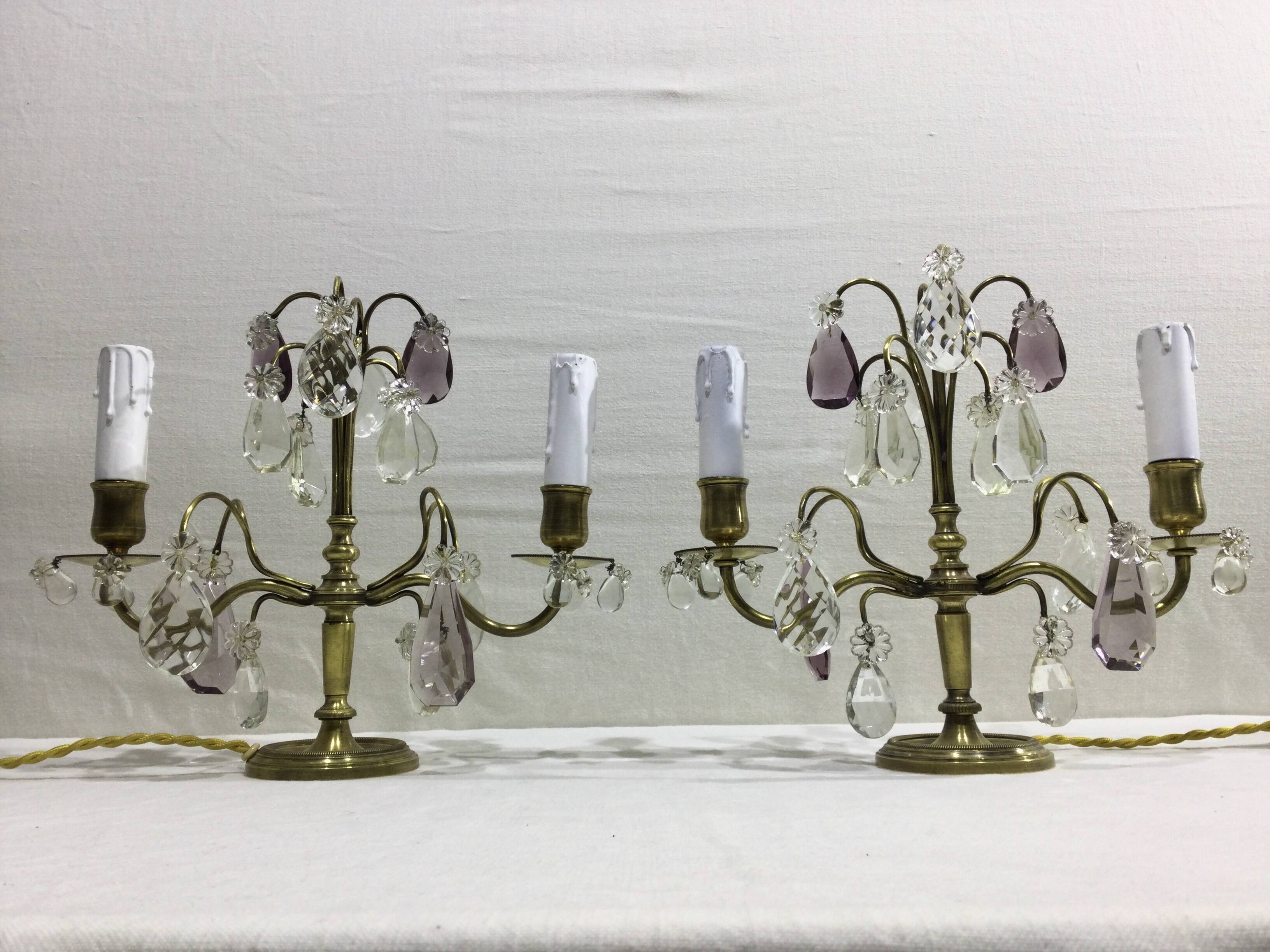 Pair of girandole lamps in bronze and crystal