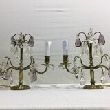 Paire de lampes girandoles en bronze et cristal