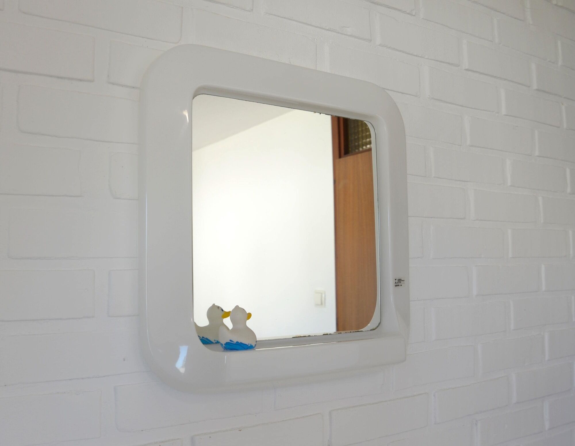 Square Wall Mirror With Shelf / Vintage White Plastic Space Age 1970