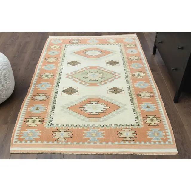 1970s vintage Turkish Oushak handmade wool cotton beige area rug 127x186