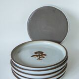 set of 6 flat plates in enamelled stoneware flowers 1970