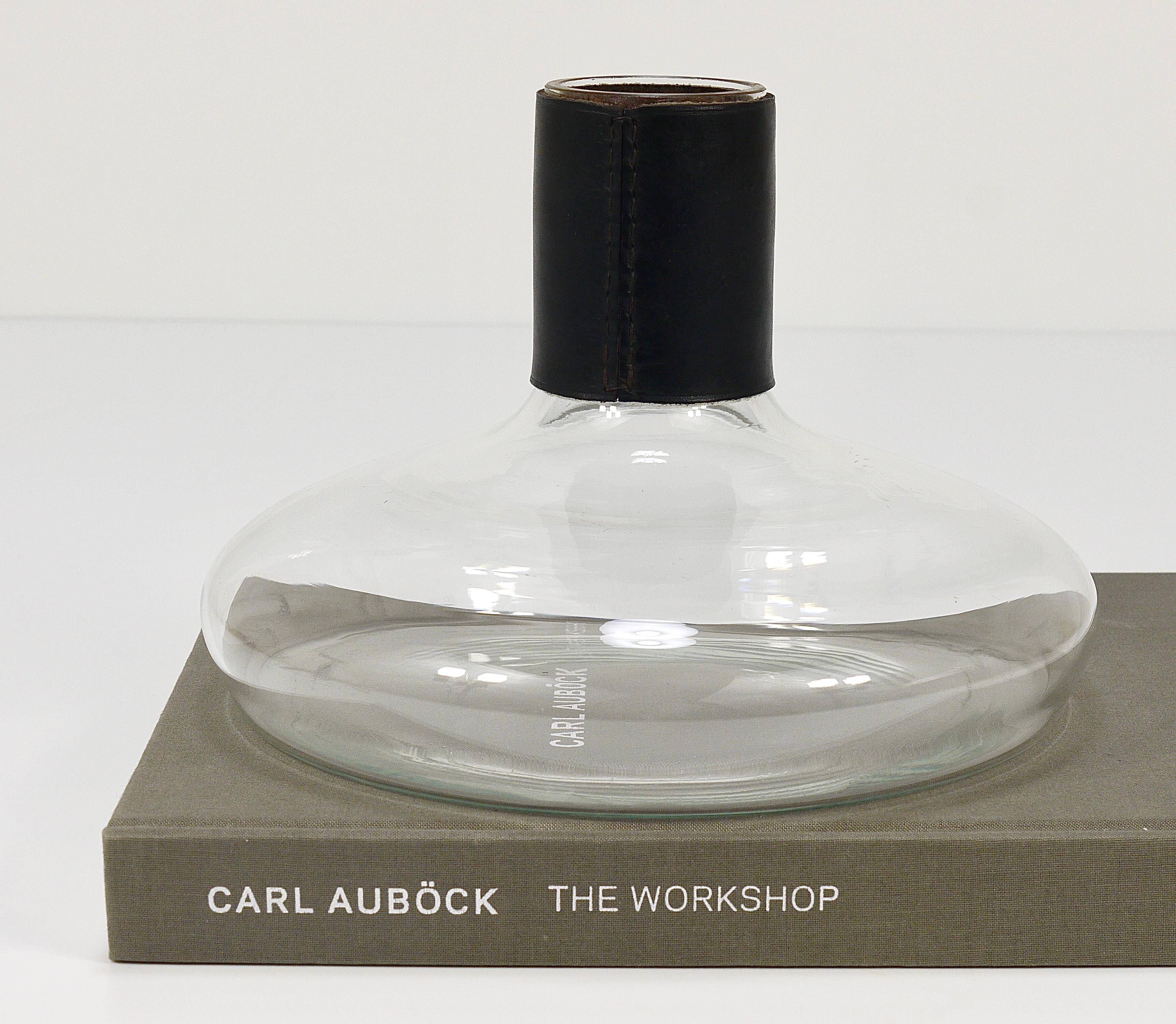 Vase Carafe Carl Aubock II with Black Leather Top, Midcentury, Austria, 1950s