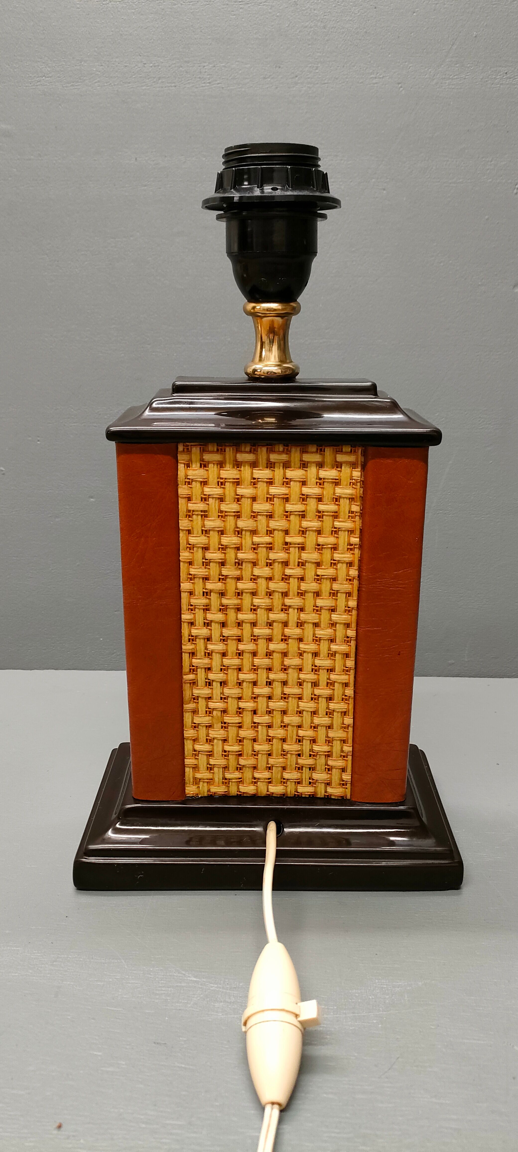 Lamp Le Dauphin black ceramic glazed, wicker canelé, imitation leather havana ~ 70's