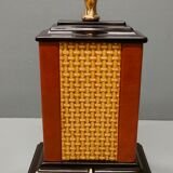 Lamp Le Dauphin black ceramic glazed, wicker canelé, imitation leather havana ~ 70's