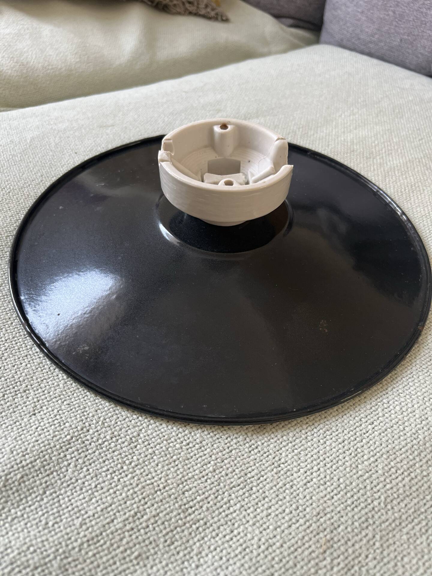 Vintage industrial reflector lampshade in black enamelled sheet metal & socket