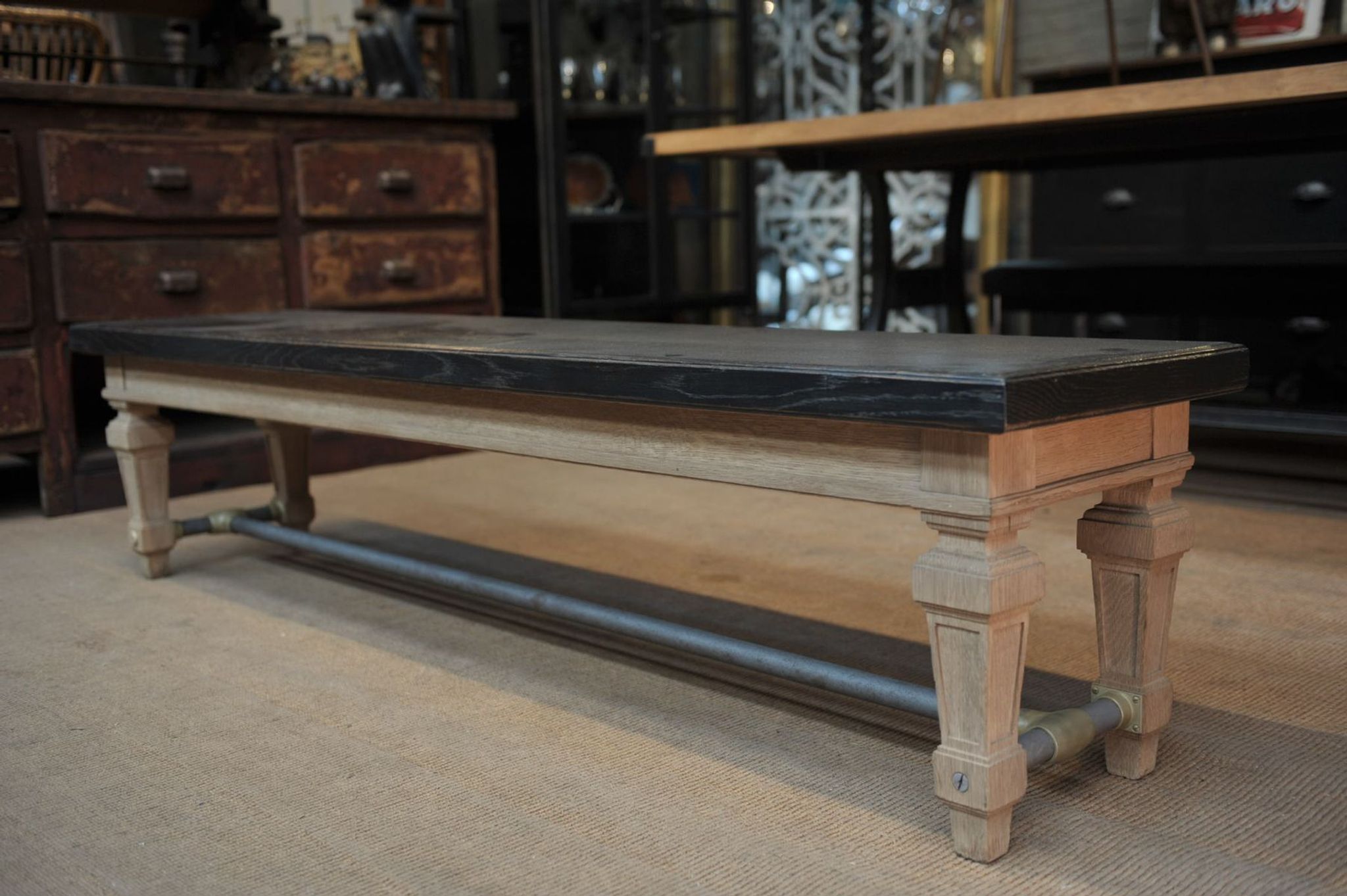 Ancient bench in solid oak and french bank brass