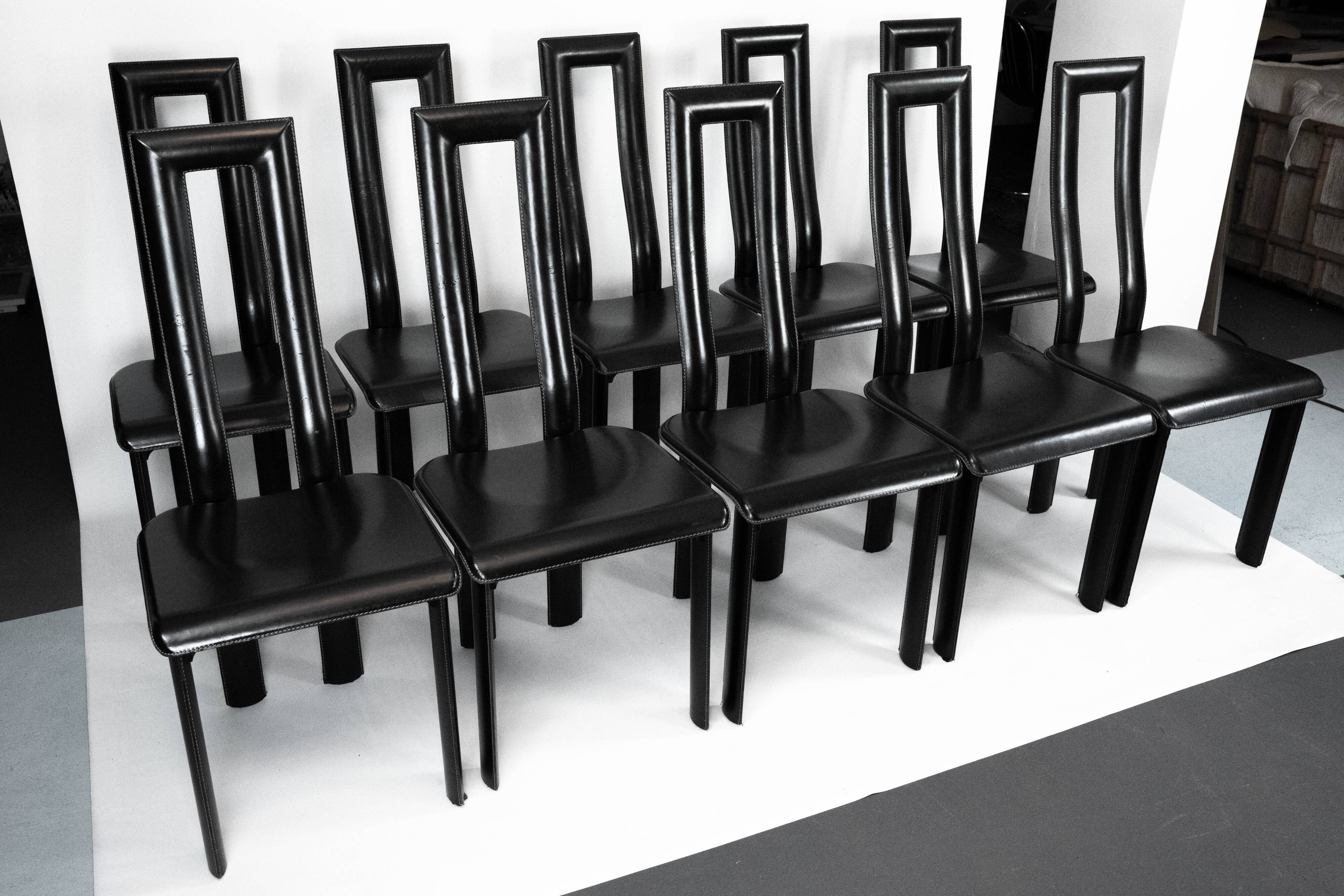 Postmodern Set of ten leather dining chairs by Antonello Mosca for Ycami. I