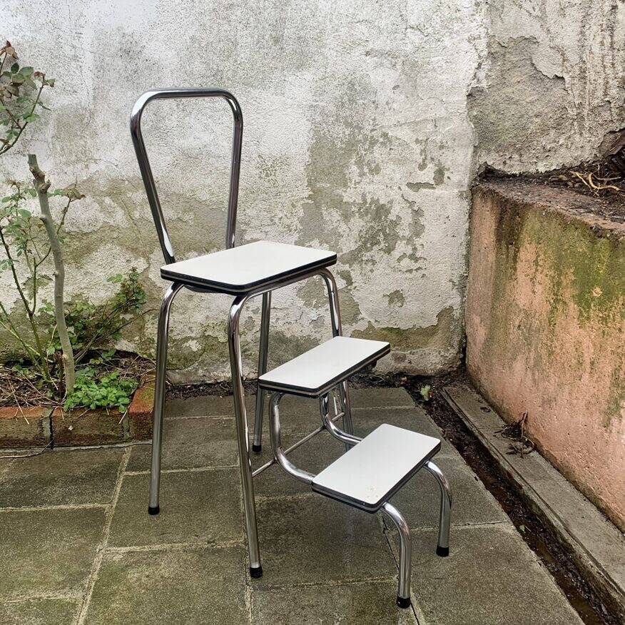 Vintage stepladder in Formica, wood and chromed metal