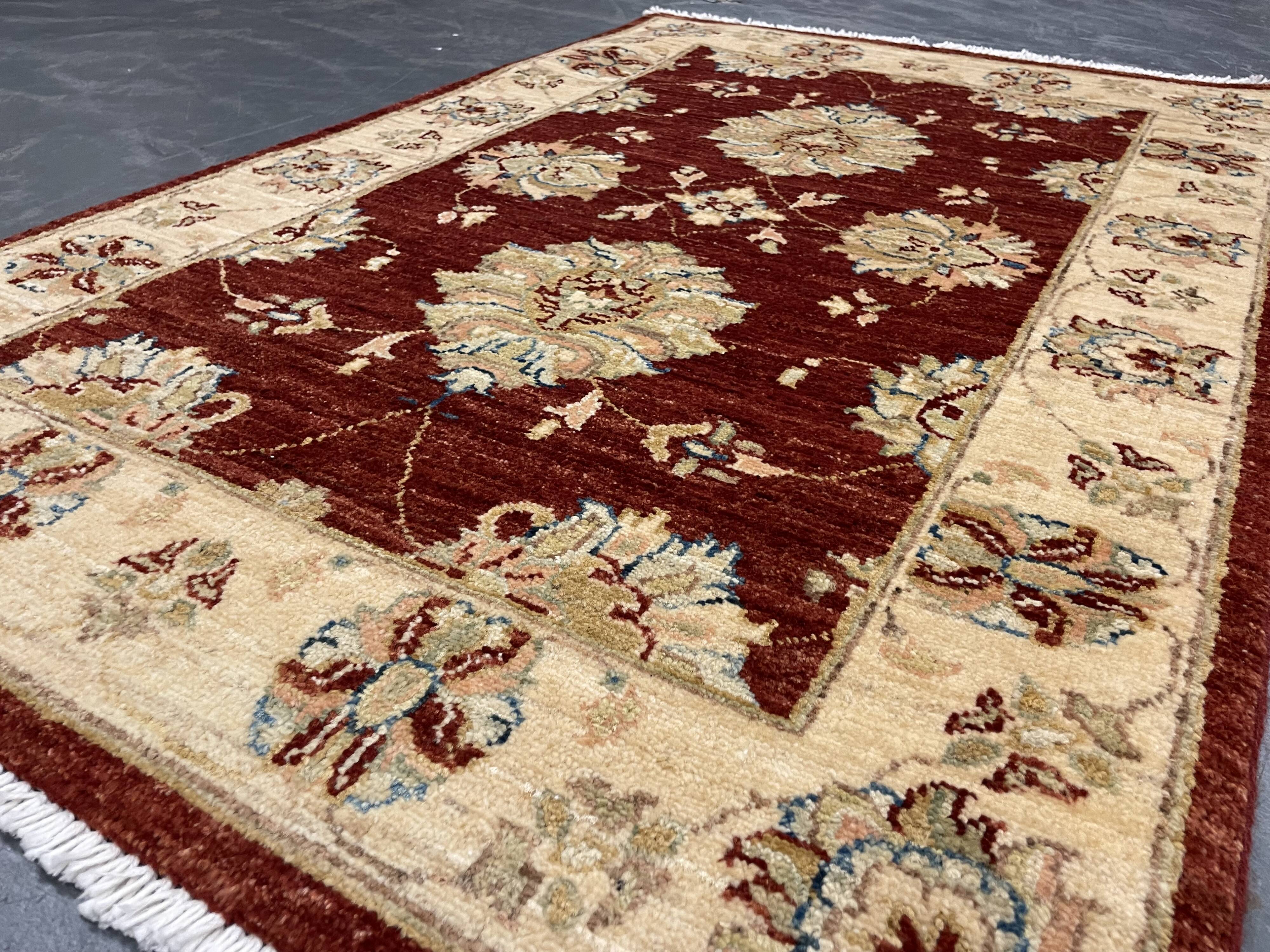 Red Gold Wool Rug, Handmade Floral Oriental Carpet 121x77cm Bedroom Decor