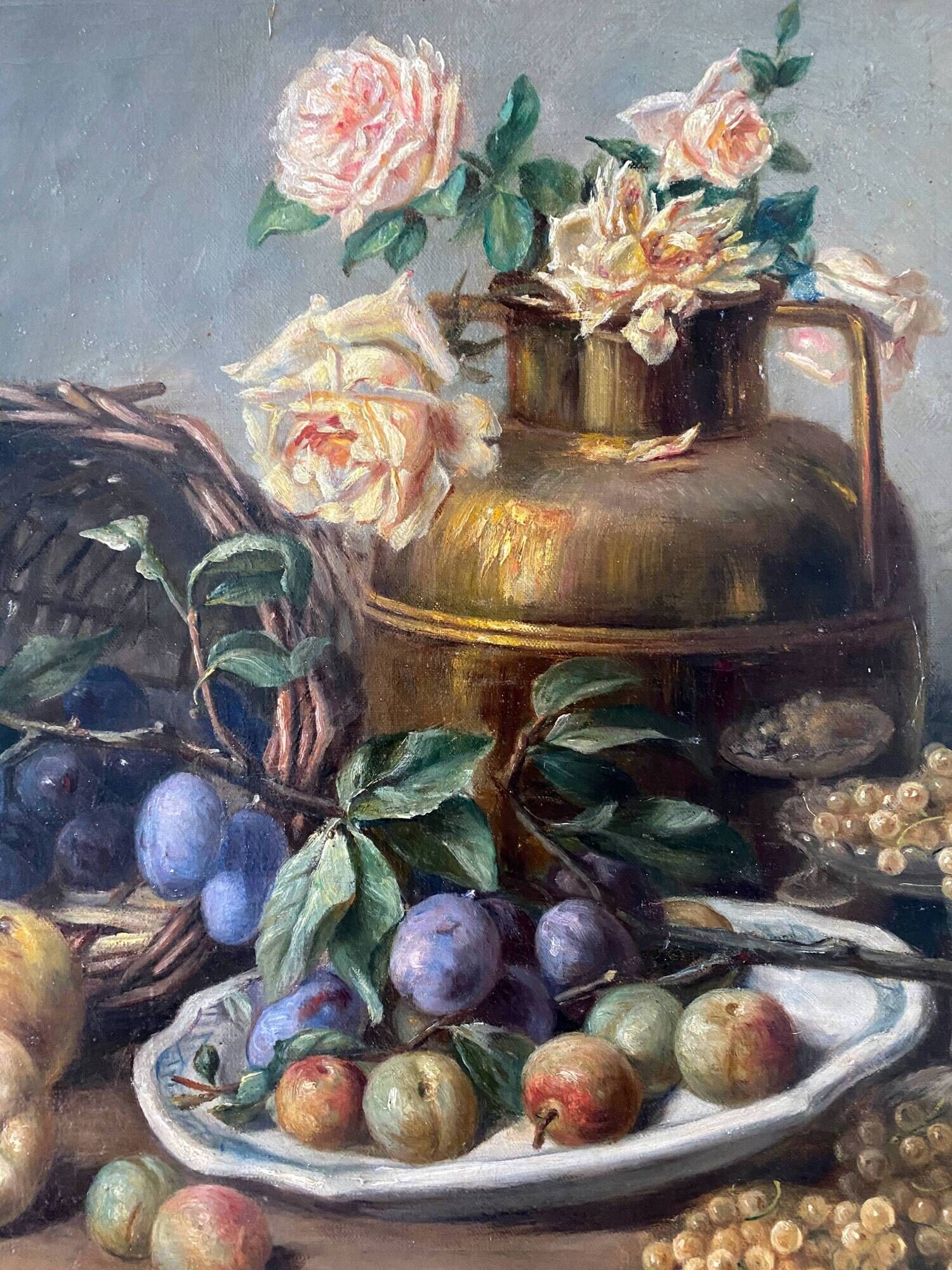 HST painting "Still life with roses and fruits" signed Maniere 1920