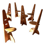 6 chaises brutalistes en bois, années 70