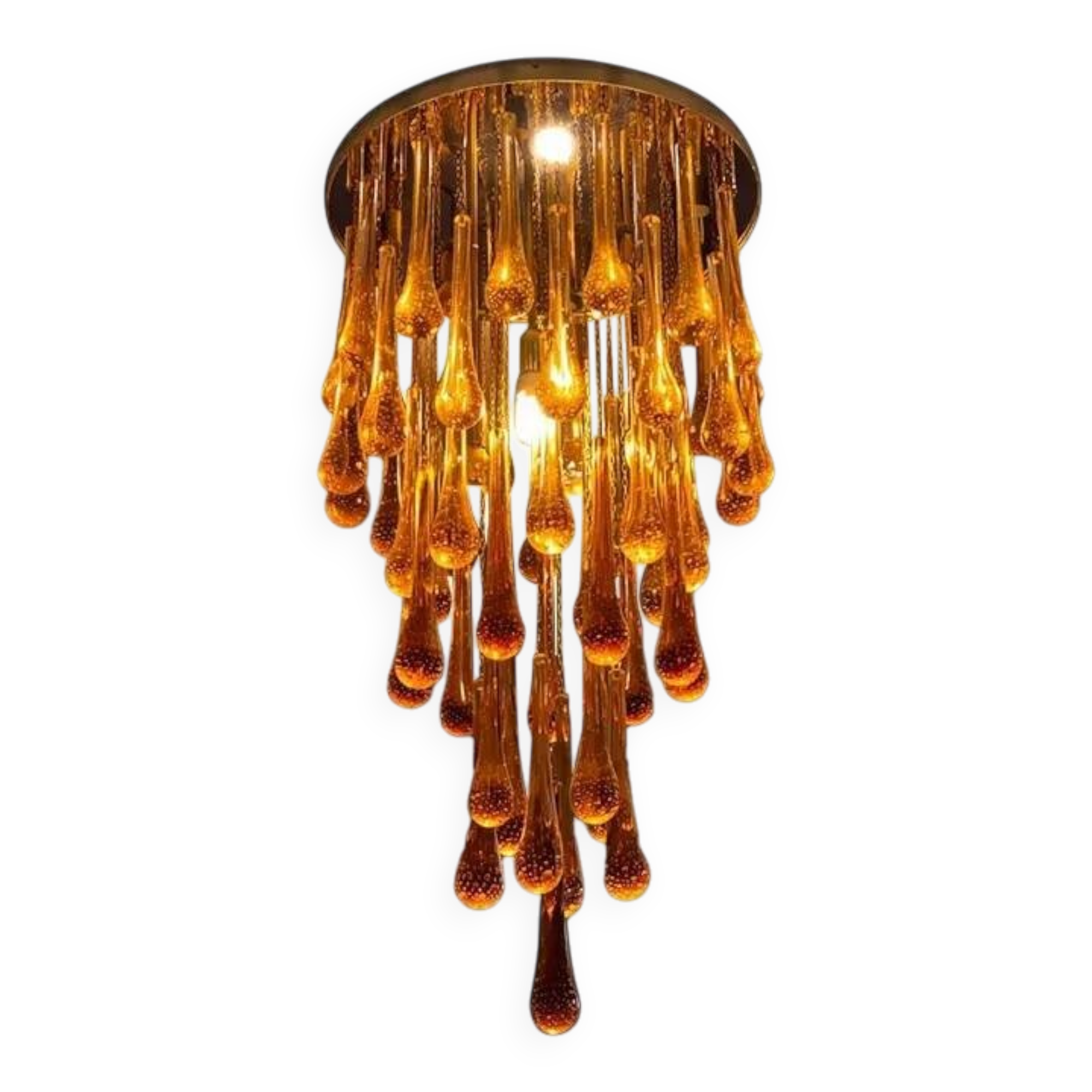 Contemporary Amber and Transparent-Gold Murano Glass “Big Drops” Flush Mount
