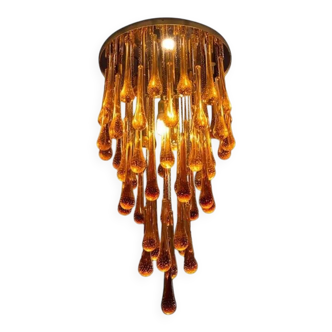 Contemporary Amber and Transparent-Gold Murano Glass “Big Drops” Flush Mount