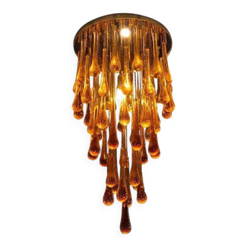 Contemporary Amber and Transparent-Gold Murano Glass “Big Drops” Flush Moun