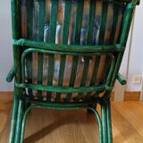 Large vintage green bamboo rattan armchair from Gâtinais with cushion
