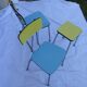 Two chairs and a yellow and blue stool in formica