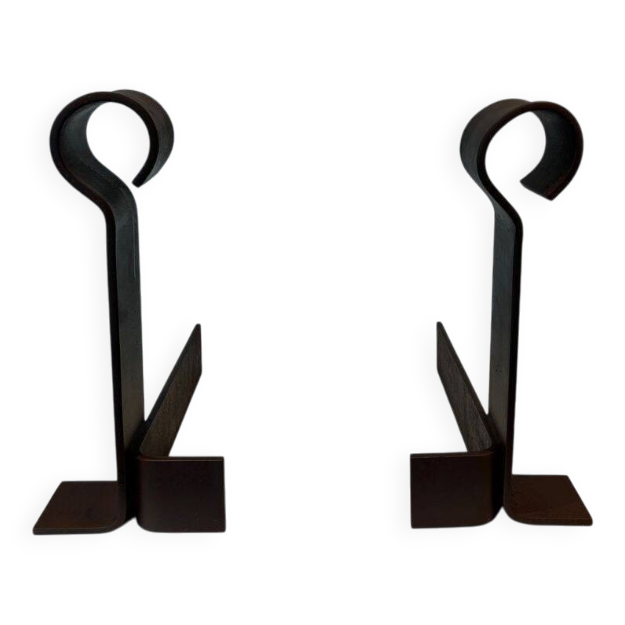 Important Pair of Modernist Wrought Iron Andirons with Ring Finials