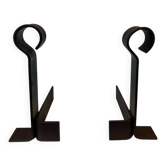Important Pair of Modernist Wrought Iron Andirons with Ring Finials
