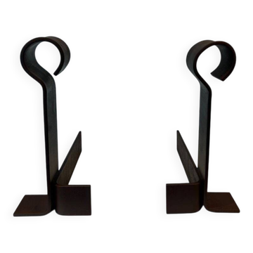 Important Pair of Modernist Wrought Iron Andirons with Ring Finials