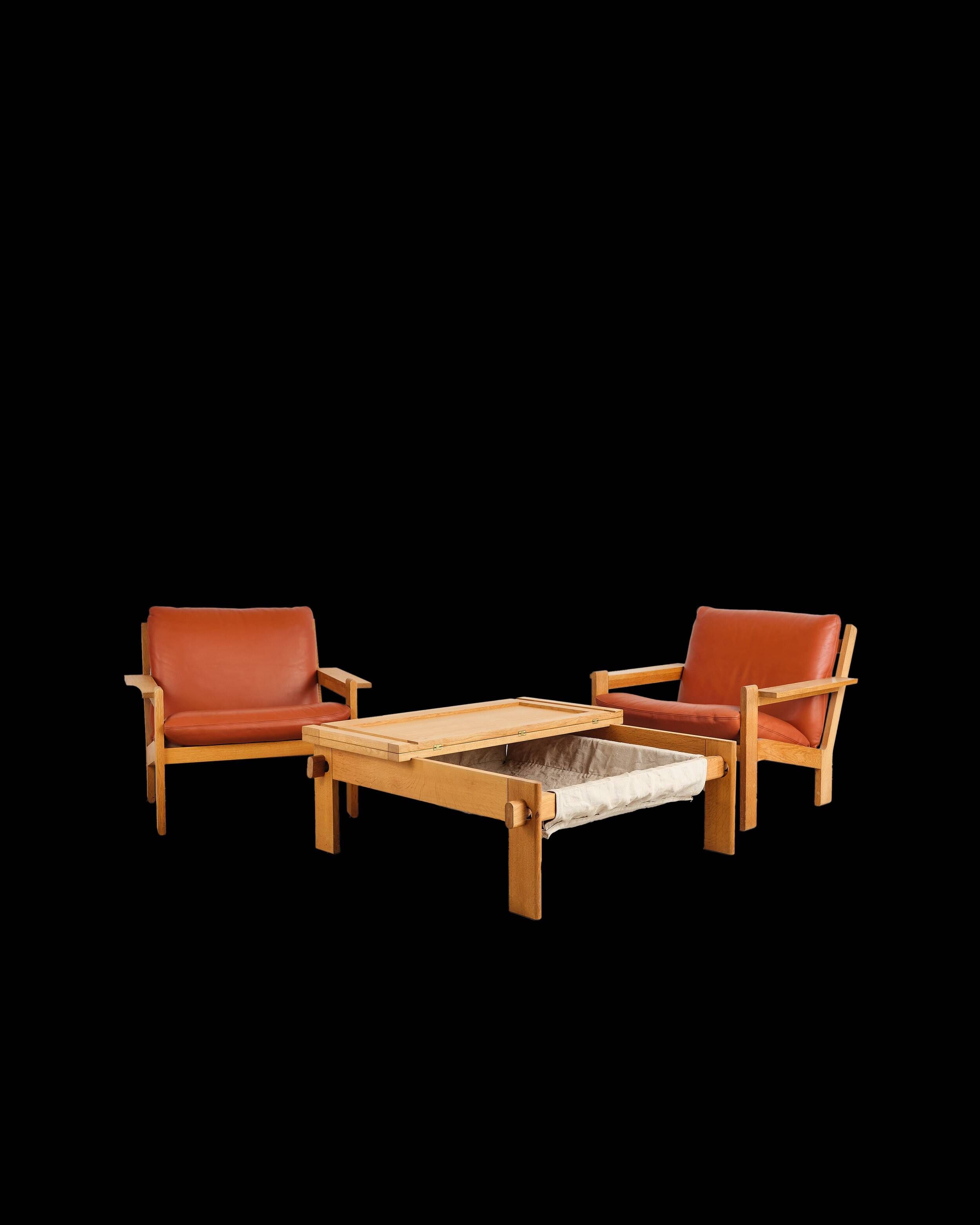 Brutalist oak and leather sofa, Tage Poulsen, 4 pieces, Denmark, 1970s.