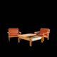 Brutalist oak and leather sofa, Tage Poulsen, 4 pieces, Denmark, 1970s.