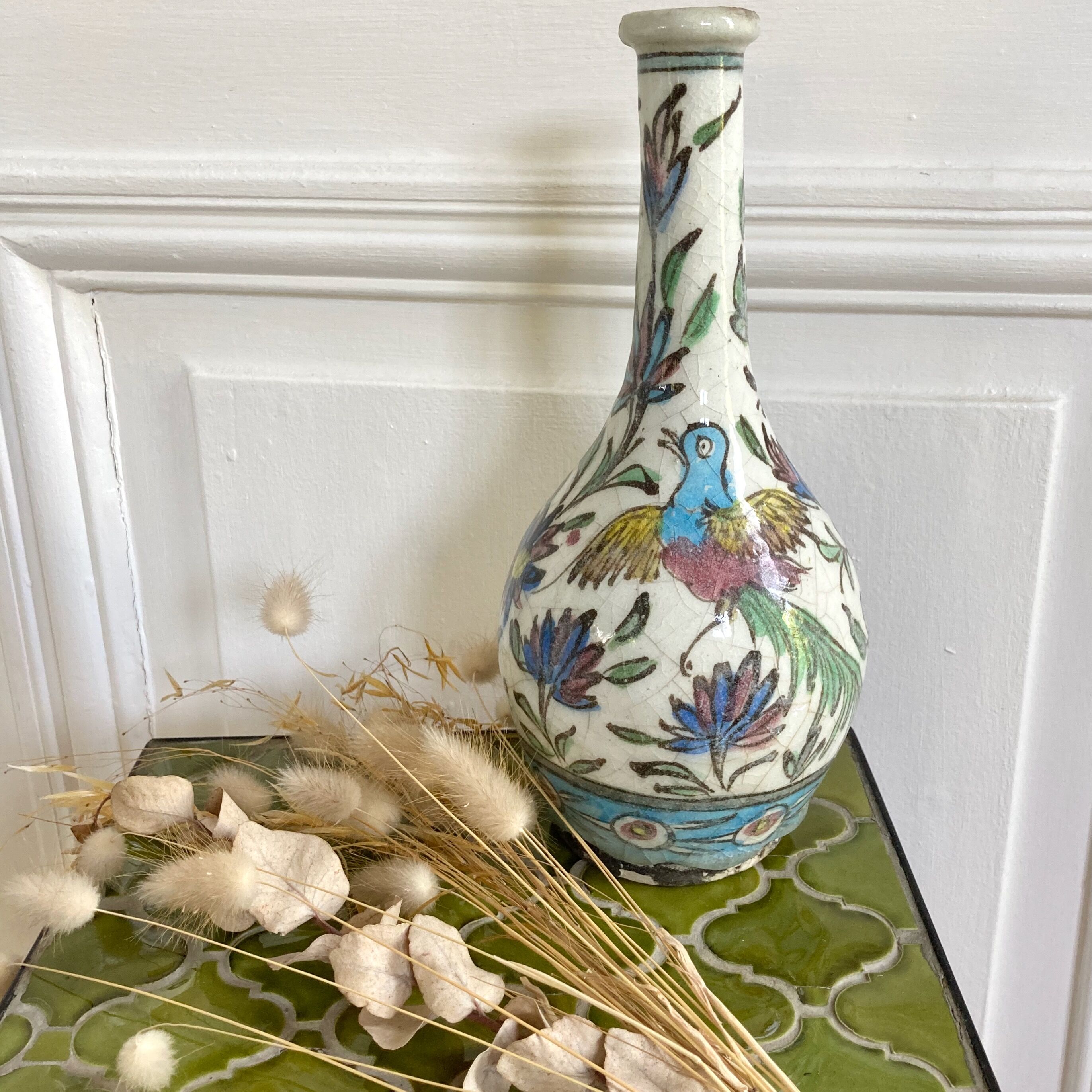 Vase céramique craquelée décor oiseaux