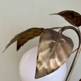 Vintage lamp with leaves in gilded brass and white opaline globe