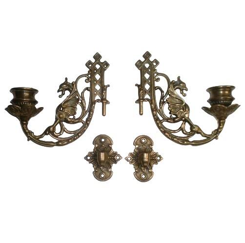 2x Art Nouveau Swivel Arm Piano or Wall Candle Holders Brass Dragon Griffin