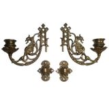 2x Art Nouveau Swivel Arm Piano or Wall Candle Holders Brass Dragon Griffin