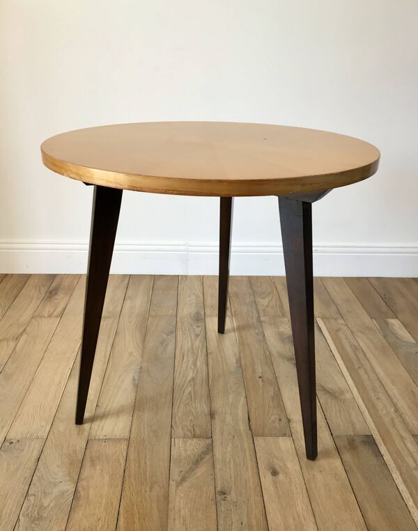 Table basse tripode en bois et marqueterie bicolore design scandinave 1950