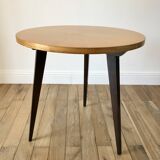 Table basse tripode en bois et marqueterie bicolore design scandinave 1950