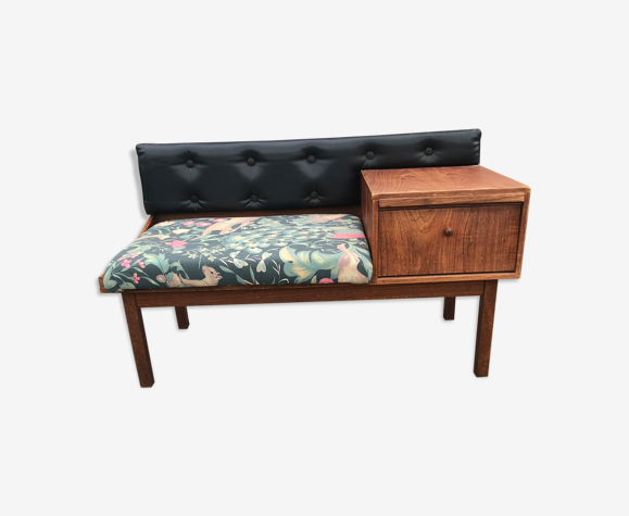 Banc téléphonique en teck vintage avec siège en vinyle, années 1960