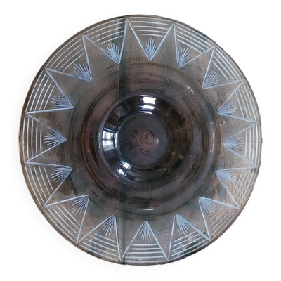 Plat centre de table en verre fumé gravé – design milieu XXᵉ siècle