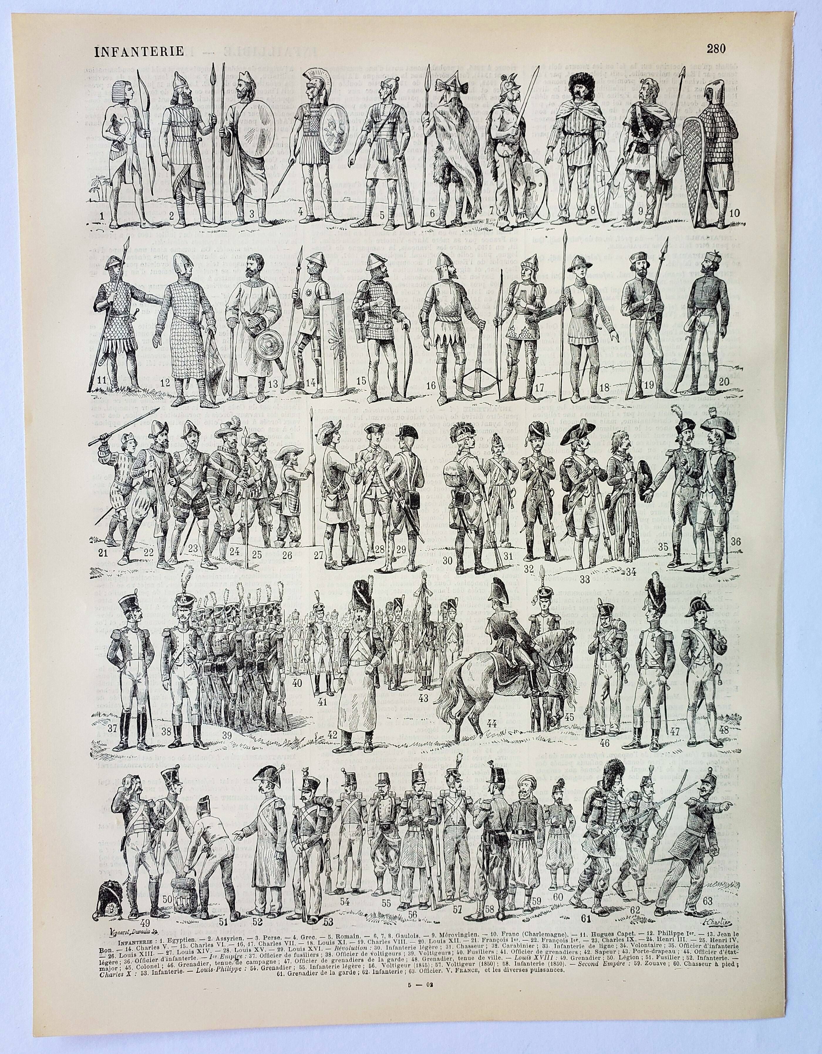Old engraving from 1898 • Old infantry, soldier • Original and vintage poster