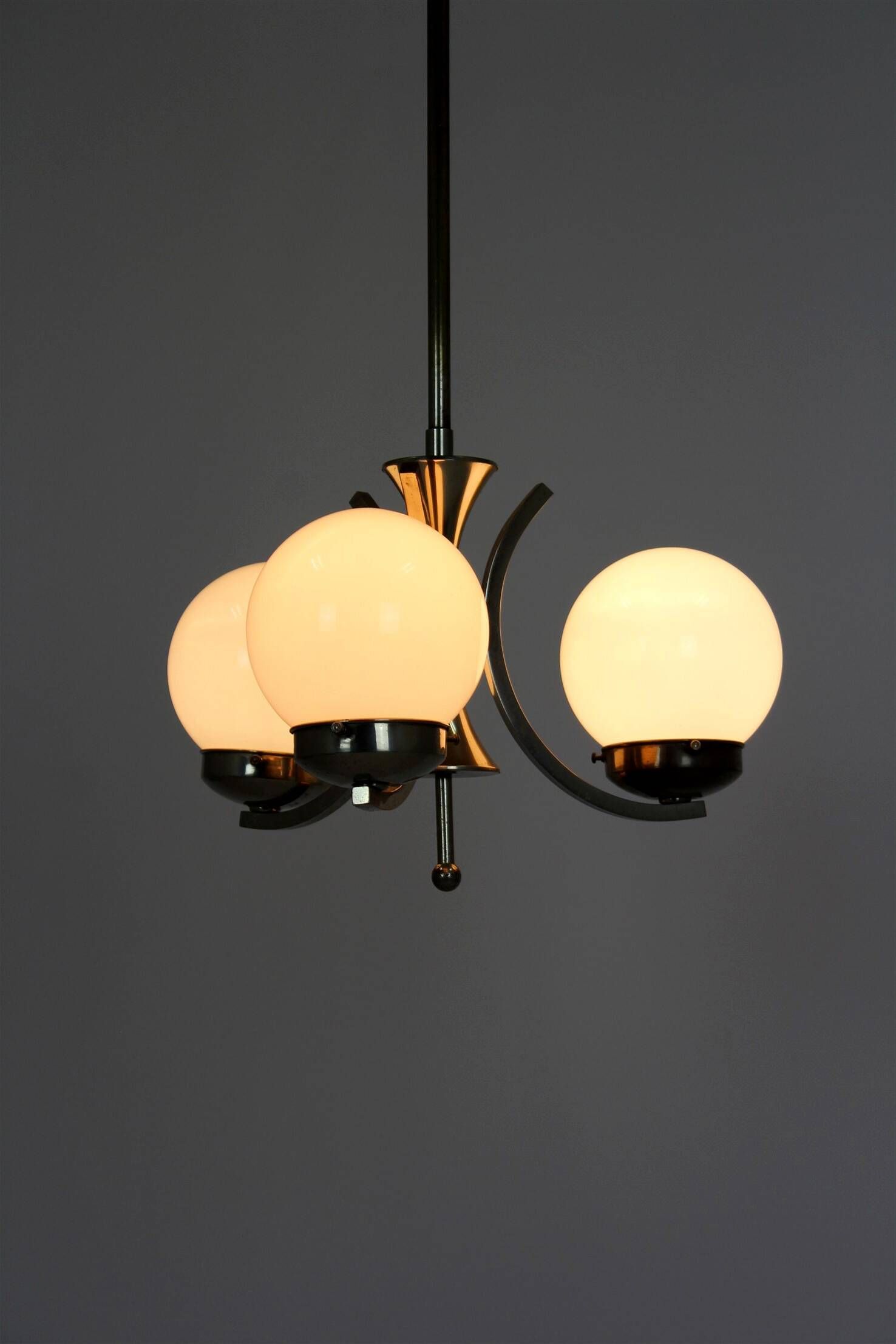 Vintage Czech Bauhaus style pendant light, tall, with opaline glass globes, 1940s