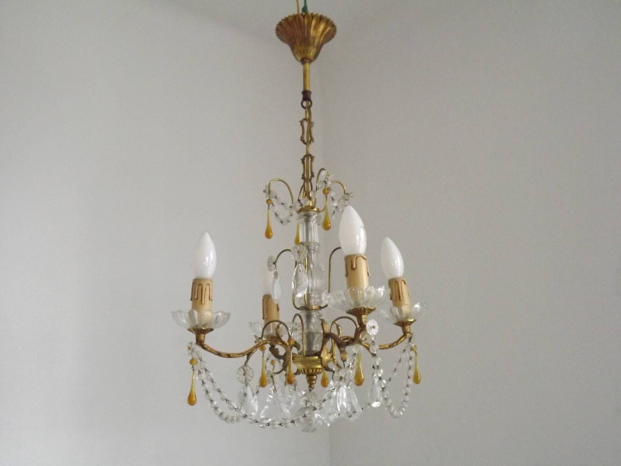 Vintage 4-Light Bronze, Glass & Crystal Chandelier with Amber Glass Drops
