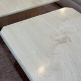 Pair of square nesting coffee tables in white beige travertine marble