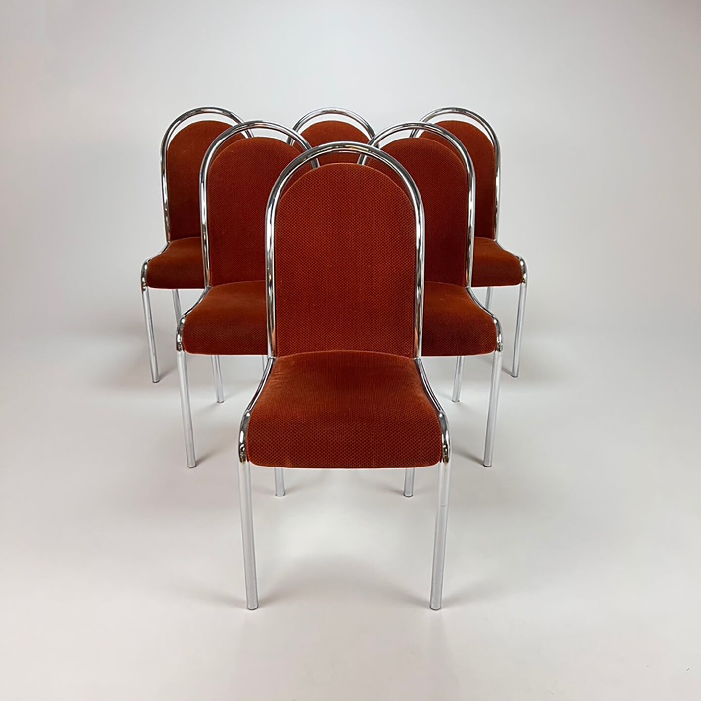 Set of 6 Belgium Tubular Frame and Velvet Dining Chairs, 1970s