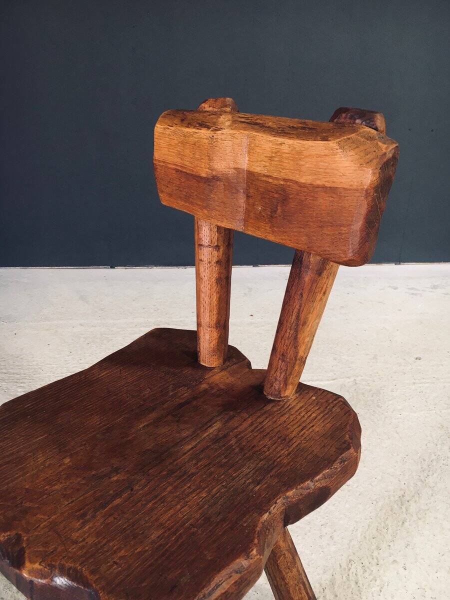 Rustic Alpine Hand-Carved Oak Chair, France, 1920s